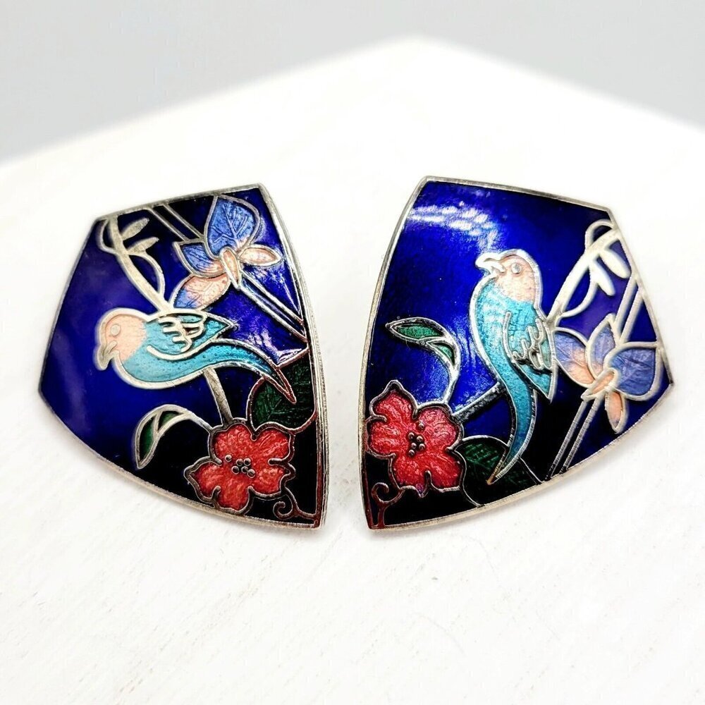 Vintage Silver Tone Cloisonne Bird & Flower Earrings Blue Enamel Shield Shape
